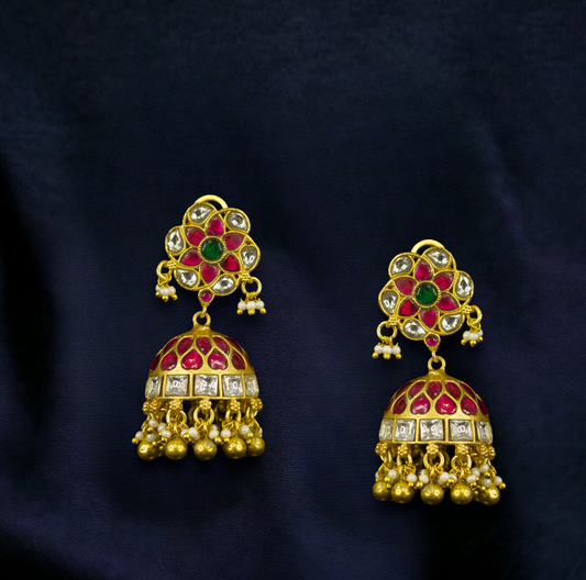 Royal Bloom Jadau Kundan Jhumkas with golden beads