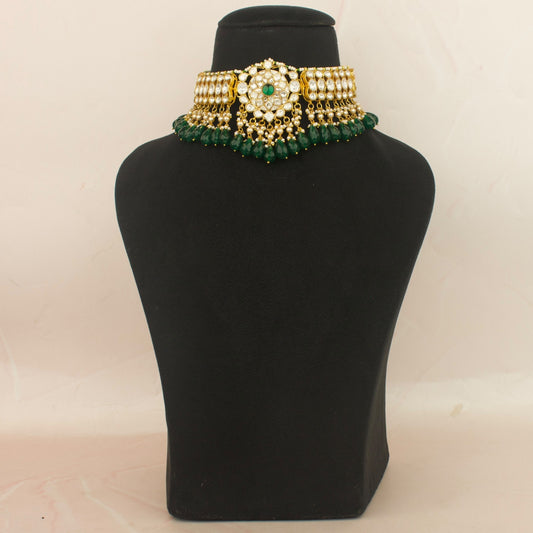 Moissanite Polki Choker With Pearl & Bead As Droplets