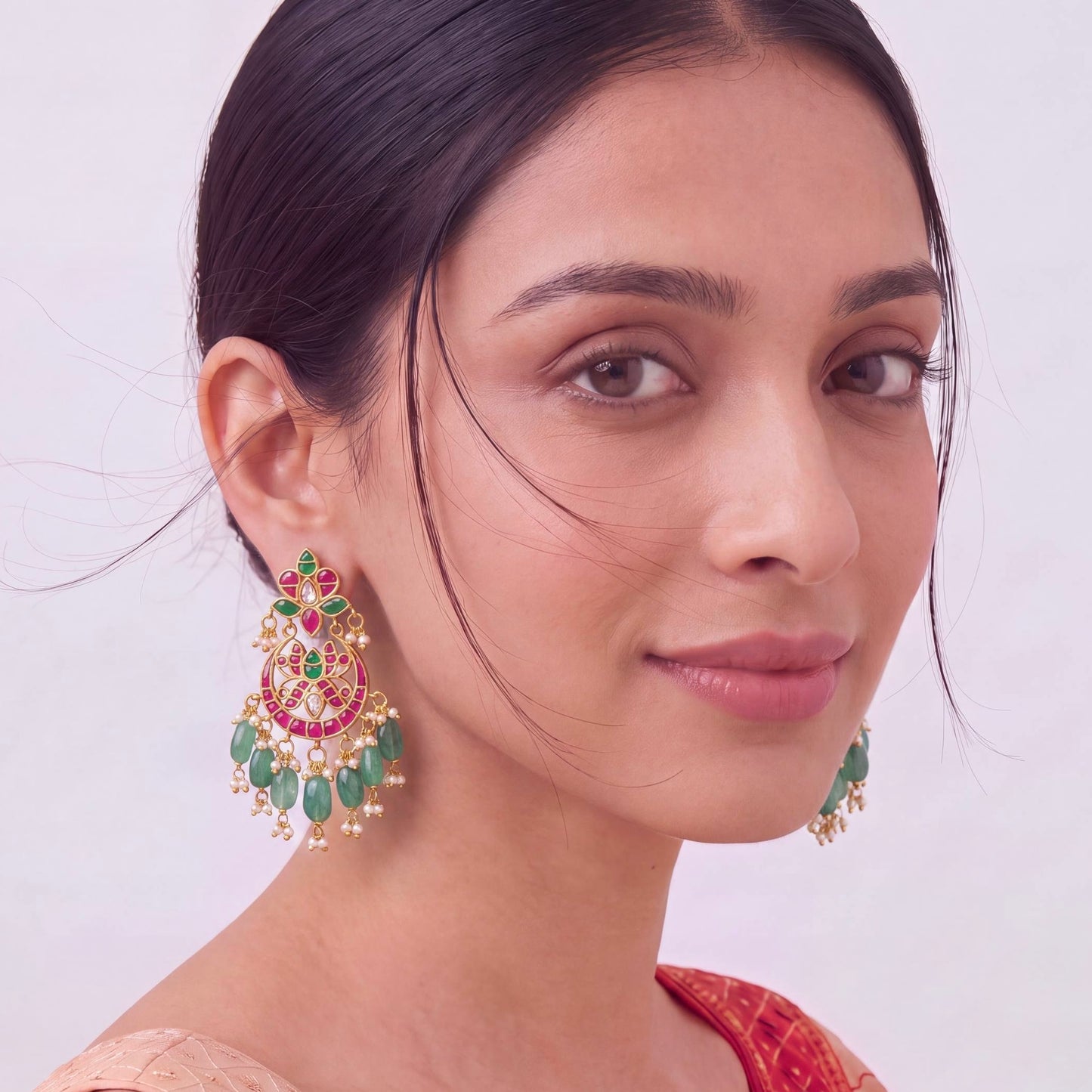 Ethnic Jadau Kundan Chandbali Earrings With Emerald Beads