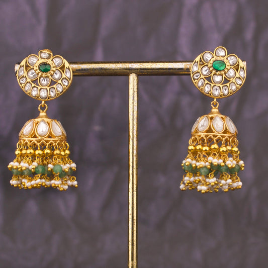 Classic Jadau Kundan Jhumka Earrings With Floral Stud