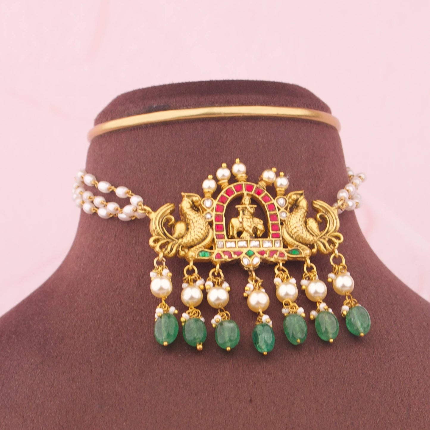 South Indian Temple Style Kundan Choker With Pearl Drops