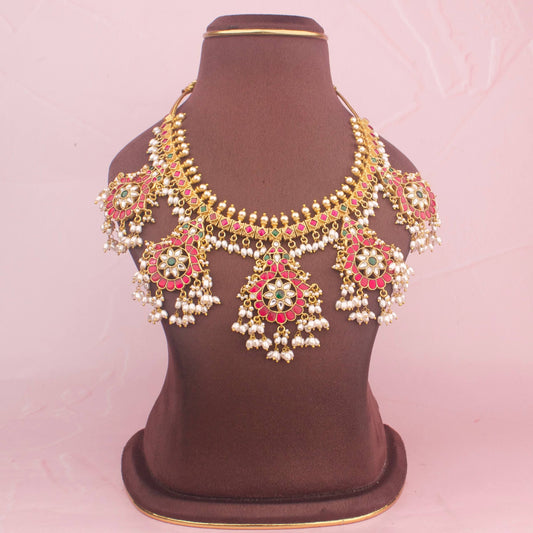 Traditional Jadau Kundan Guttapusalu Necklace with Freshwater Rice Pearls - Premium Indian Ethnic Jewelry | Dulhan Jewels