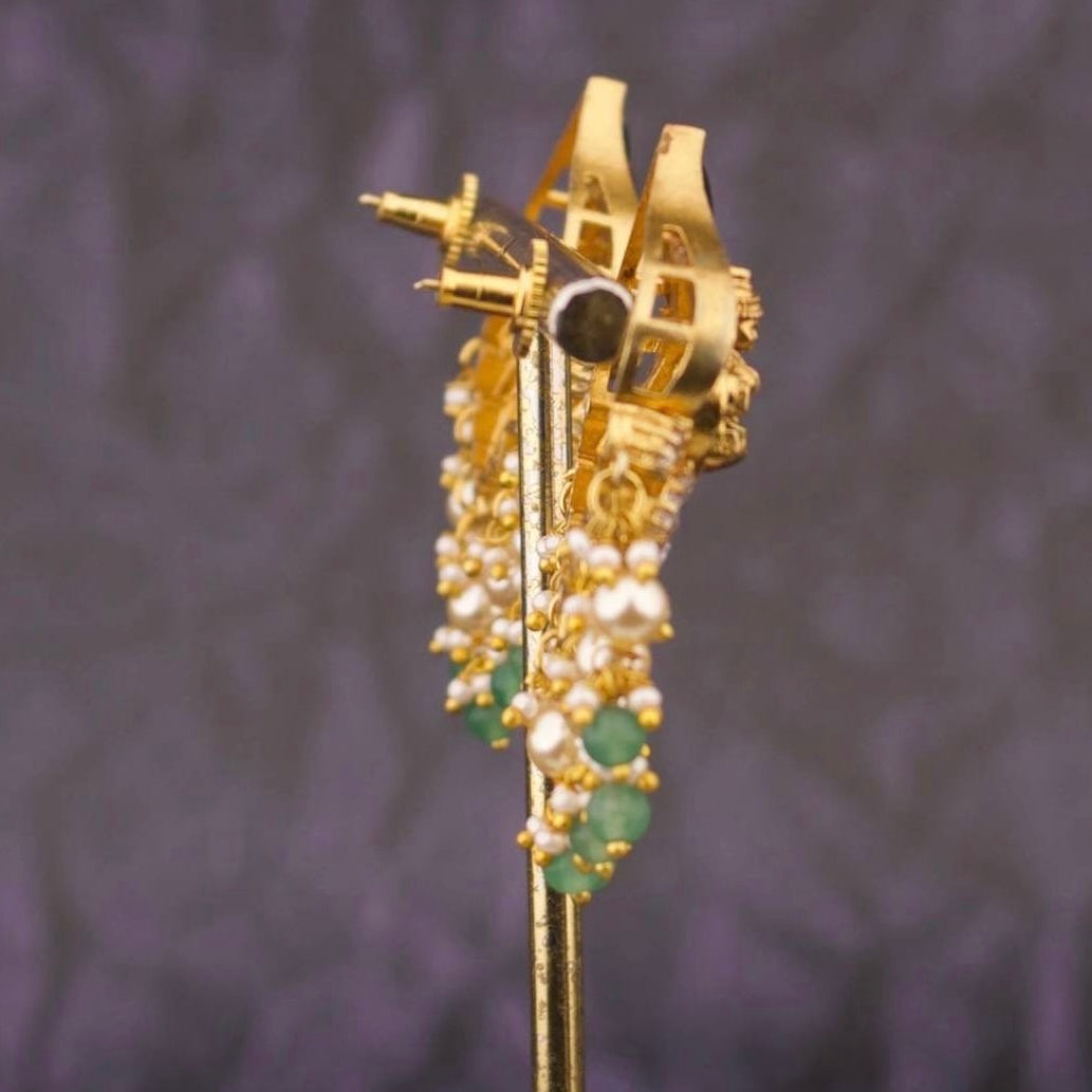 South Indian Lakshmi Devi Jadau Kundan Stud Earrings With Beads Hangings