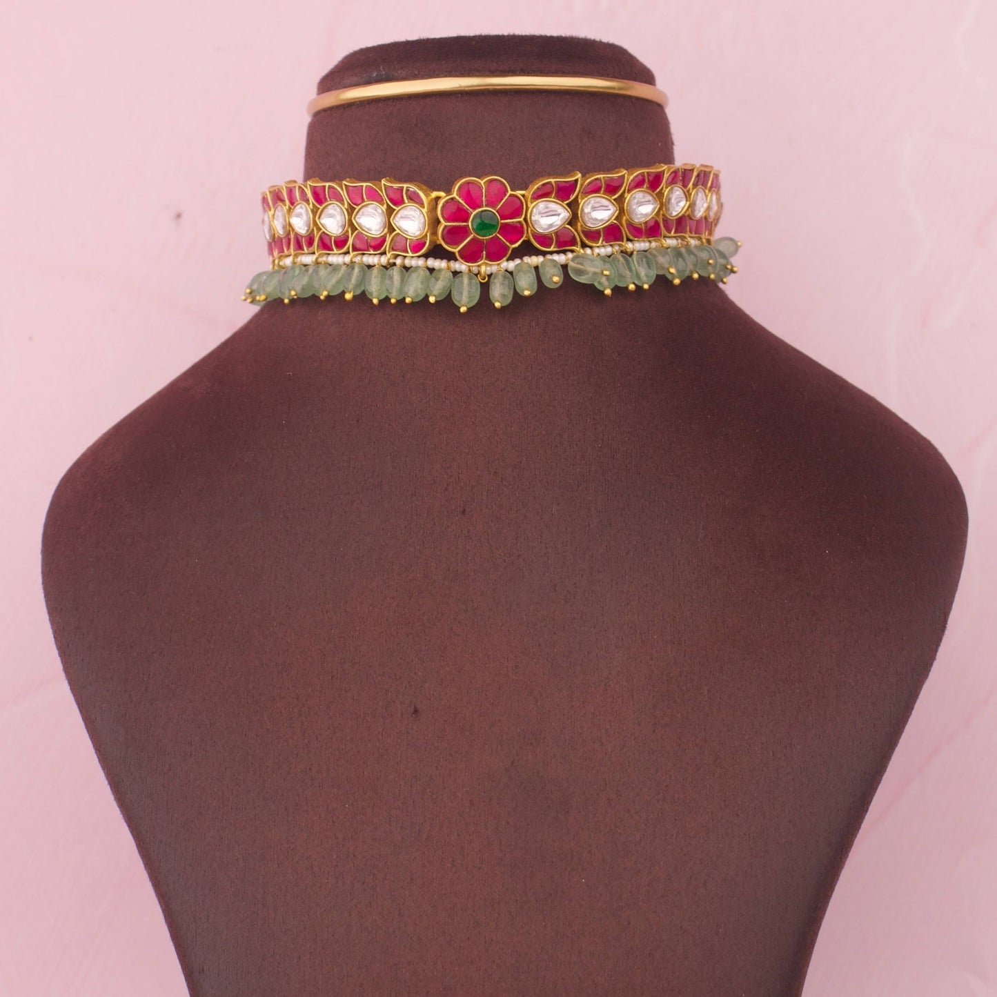 Royal Jadau Kundan Floral Choker With Green Drop Beads