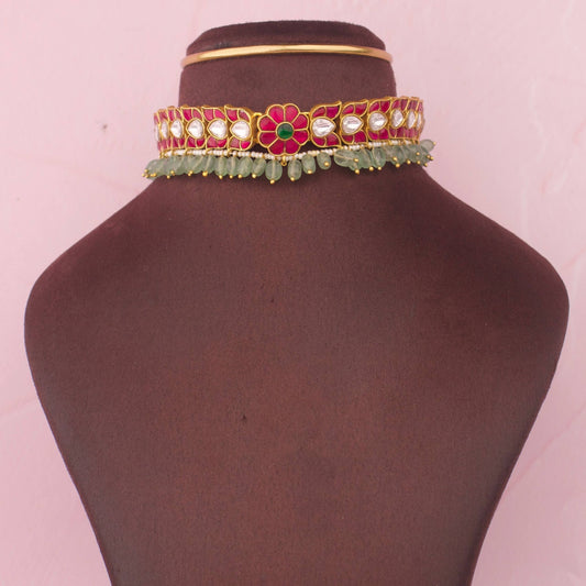 Royal Jadau Kundan Floral Choker With Green Drop Beads