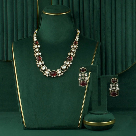 Premium antique gold Antique Victorian Necklace with Polki Kundan Stones and earrings set worn
