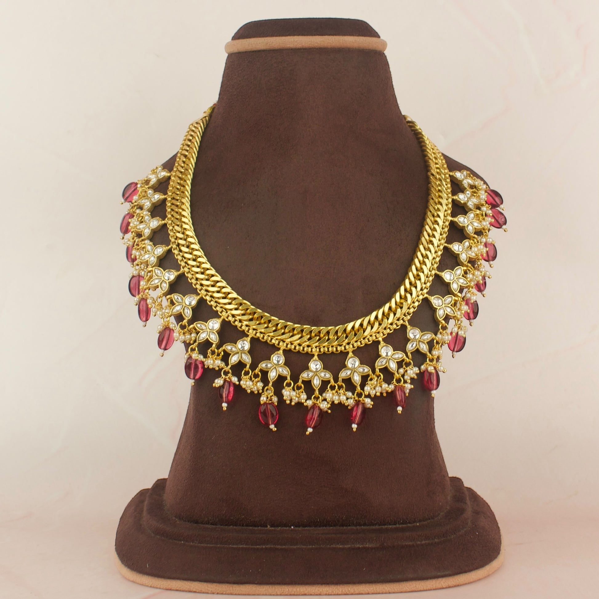 Gold Style Jalebi Necklace With Ruby Bead Hangings