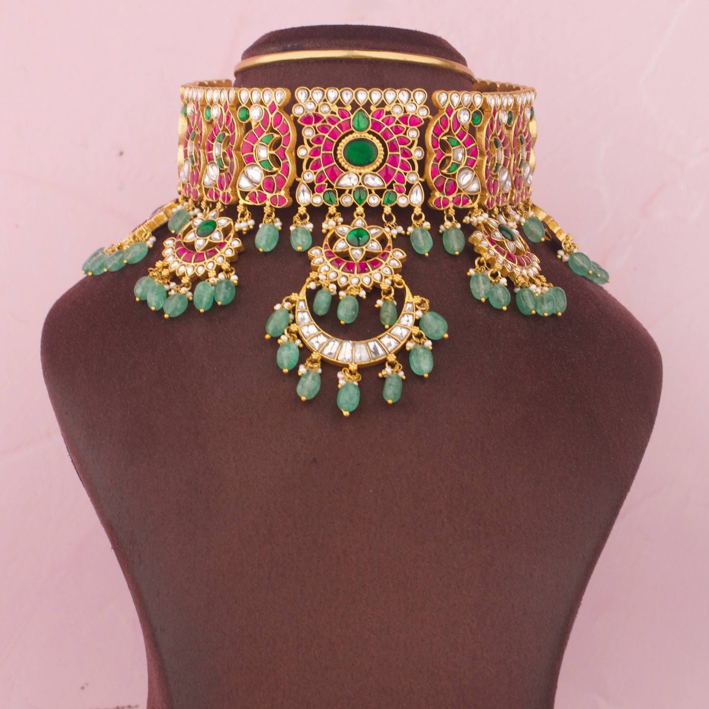 Royal Bridal Jadau Kundan Choker With Green Drops