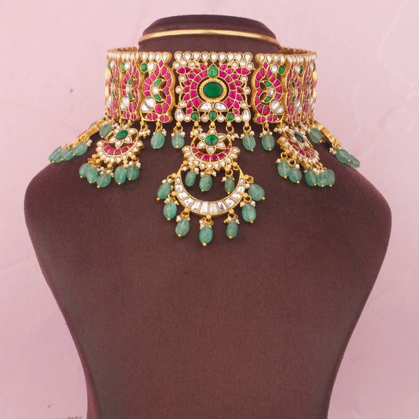 Royal Bridal Jadau Kundan Choker With Green Drops