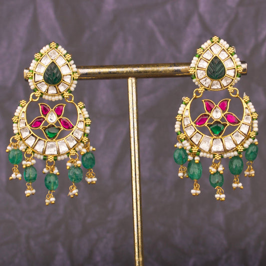 Stylish Jadau Kundan Earrings With Emerald Drops