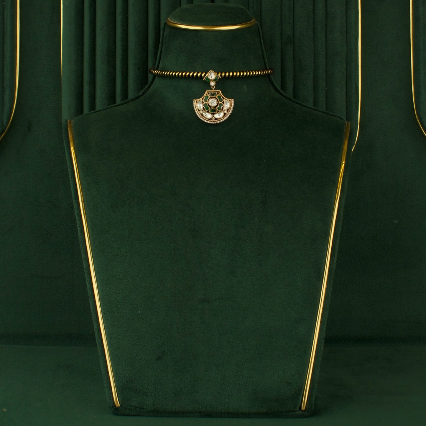 Sleek Chandbali Design Locket Fusion Kundan & Polki Victorian black thread Necklace Set
