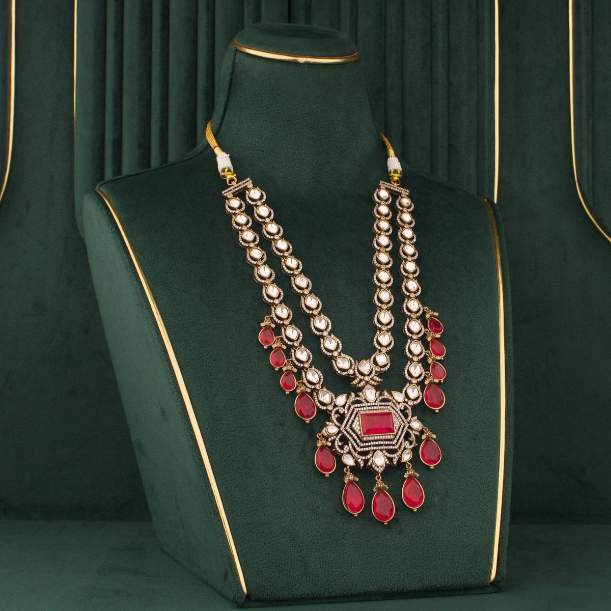 Royal Heritage Polki Jadau Kundan Layered Necklace Set With Matching Earrings Close-up Design & Gemstone Detailing - Dulhan Jewels
