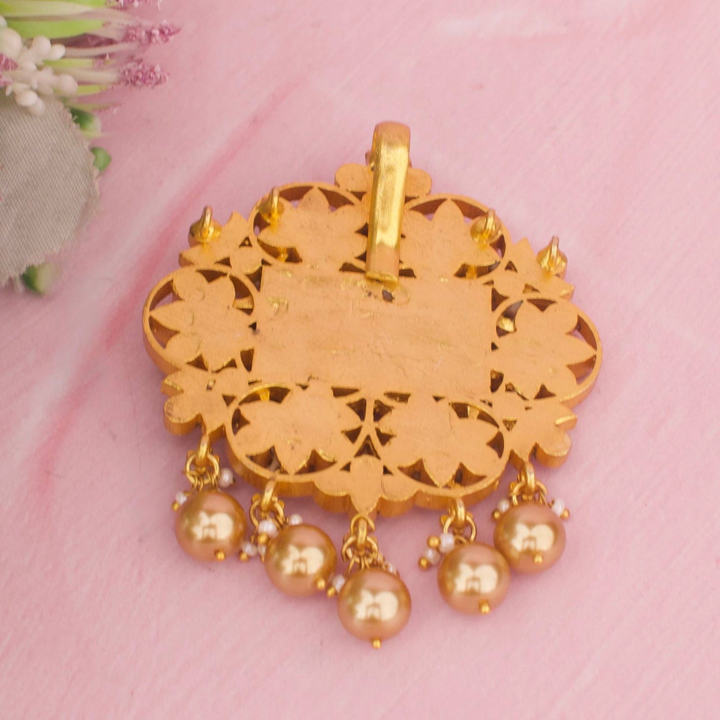 Floral Jadau Kundan Locket With Emerald Center Stone - Alternate View 1