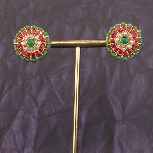 Royal Jadau Kundan Stud Earrings With Beads Bordering