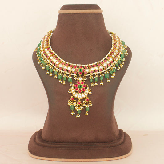 Radiant Jadau Kundan Flexible Short Necklace With Beads & Pearls Hanging