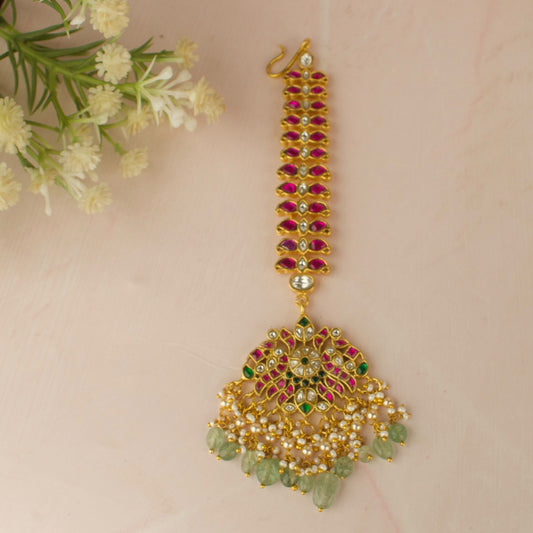 Peacock Design Jadau Kundan Long Maang Tikka with Guttapusalu Hanging