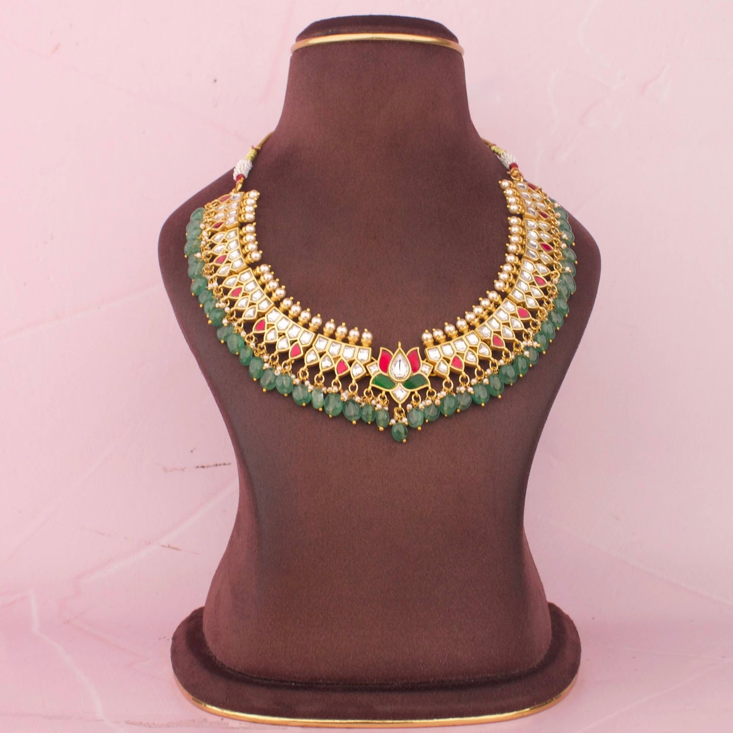 Ethnic Jadau Kundan Necklace With Green Bead Hangings