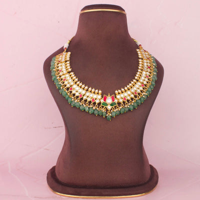Ethnic Jadau Necklace With Green Beads And Pearl Drops