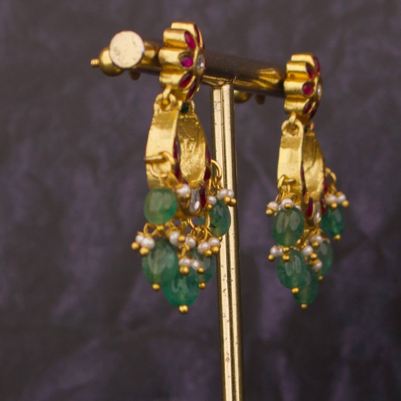 Cute Floral Studded Jadau Kundan Chandbali Earrings