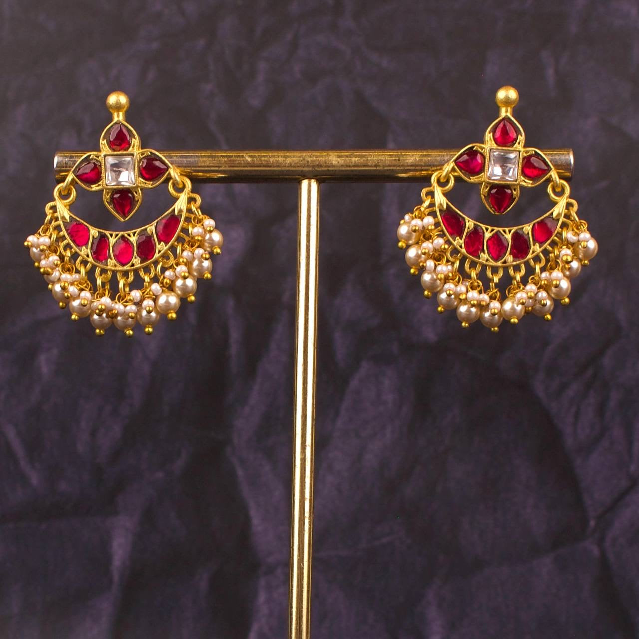 Sleek Jadau Kundan Chandbali Earrings With Swarovski Pearl Hangings