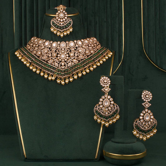 Traditional Moissanite Polki Choker Set With Matching Maangtikka & Earrings