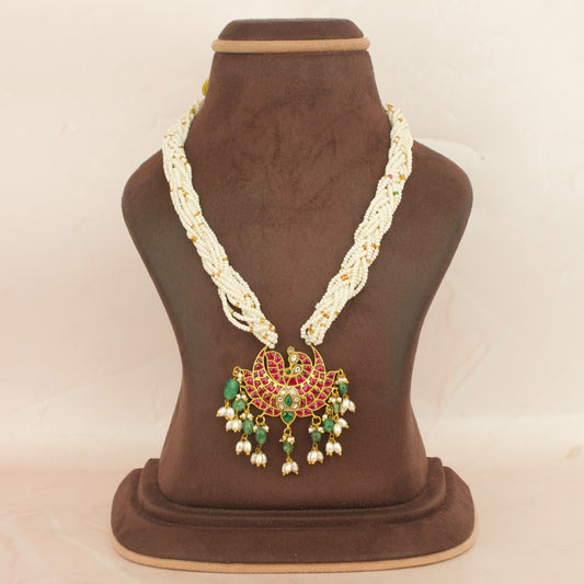 Exquisite Jadau Kundan Beads Mala With peacock Chandra Locket & Green Beads Hanging