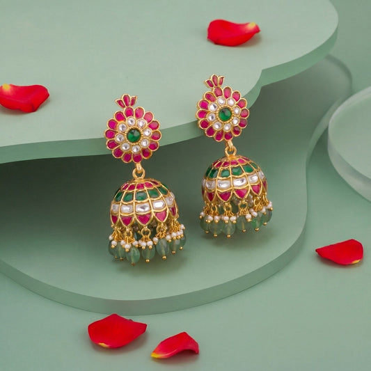 Floral Studded Jadau Kundan Jhumki Earrings With Emerald Beads