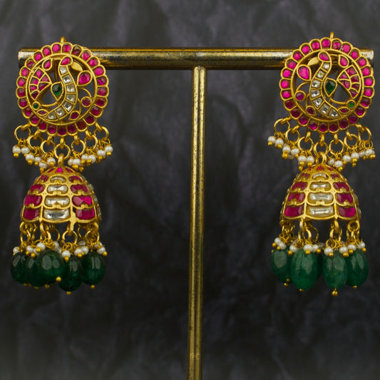 Sparkling Peacock Studded Jadau Kundan Jhumki Earrings