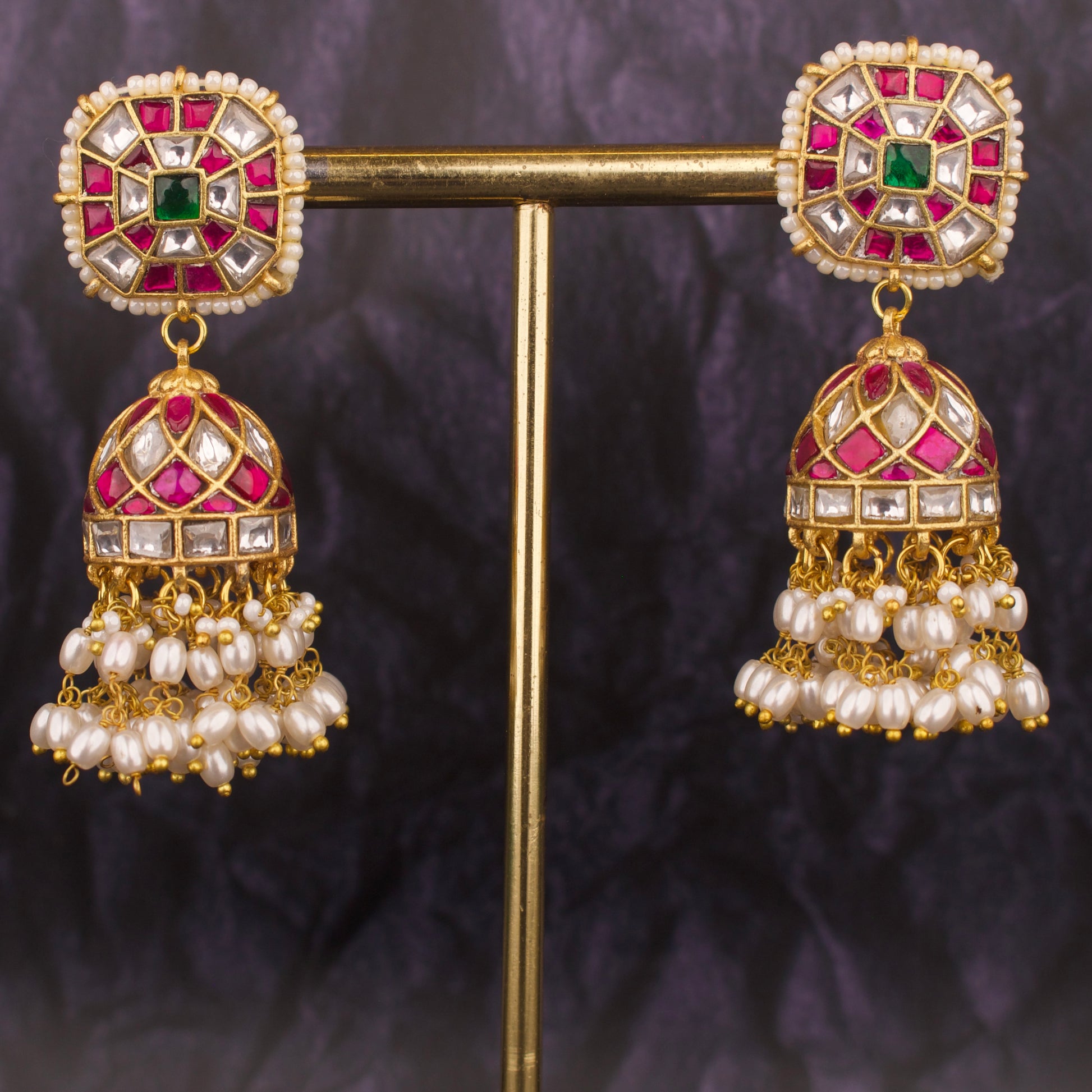 Unique Design Jadau Kundan Jhumki With Rice Pearl Hanging - DULHAN JEWELS