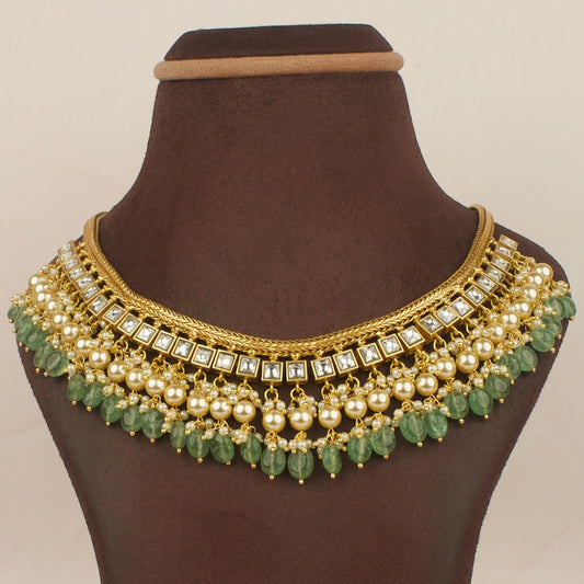 Elegant Jadau Kundan Sleek Necklace With Pearl & Bead Drop