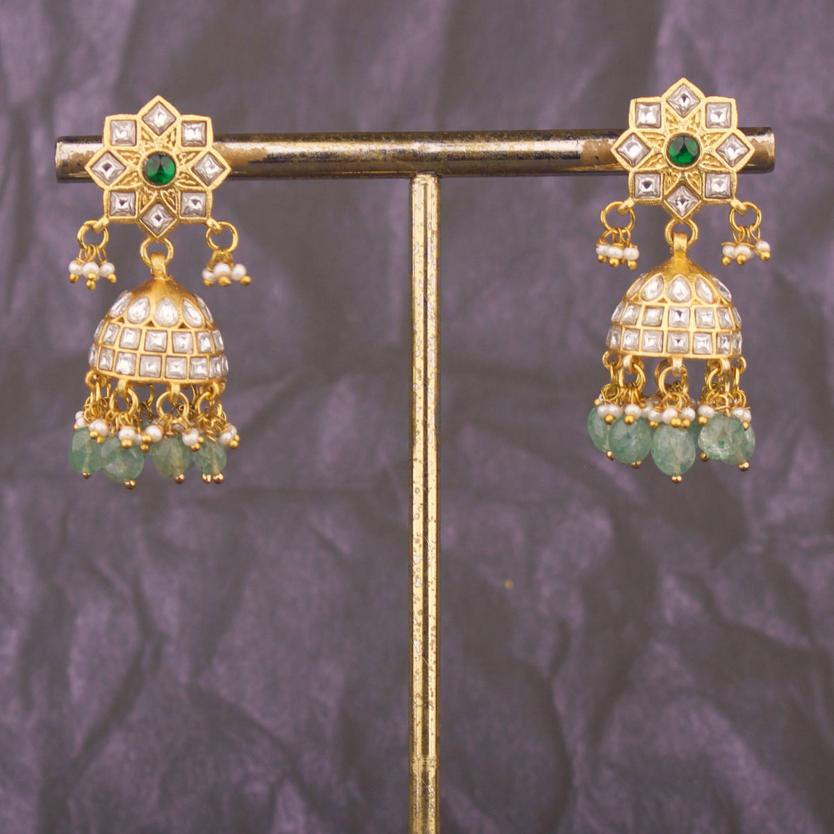 Classic Jadau Kundan Jhumka Earrings With Green Drops