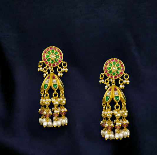 Radiant Floral Medallion Jadau Kundan Jhumkas with 22k gold plating. this producty belongs to jadau kundan jewellery