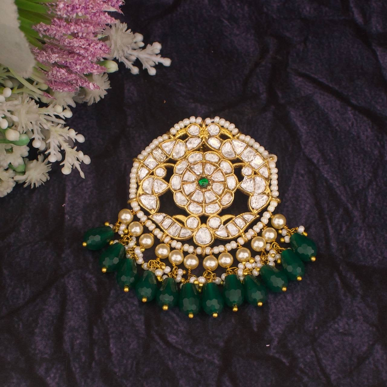 Moissanite Polki Pendant With Green Beads As Hangings