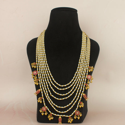 Ethereal Elegance Multi-Strand Pearl Necklace with Jadau Kundan Charms