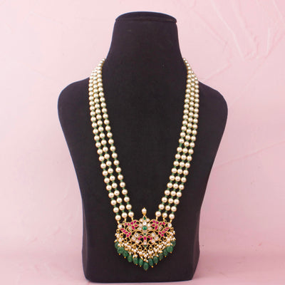 Royal Pearl Mala Necklace With Jadau Kundan Pendant