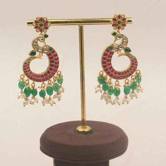 Flower Studded Big Peacock Chandbali Earrings