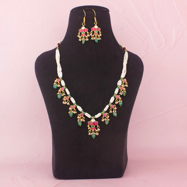 Pearl Kundan Necklace Set With Green Drops And Earrings