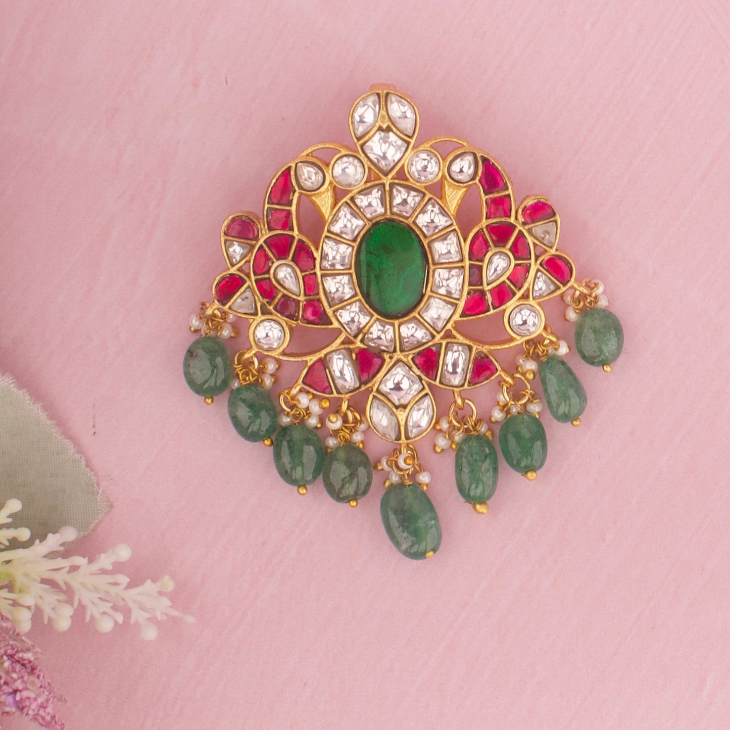 Opulent Peacock Jadau Kundan Pendant With Green Beads