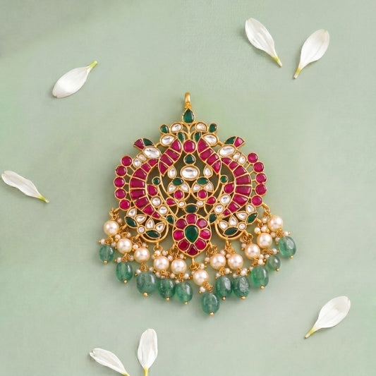 Traditional Jadau Kundan Pendant With Pearl And Green Beads