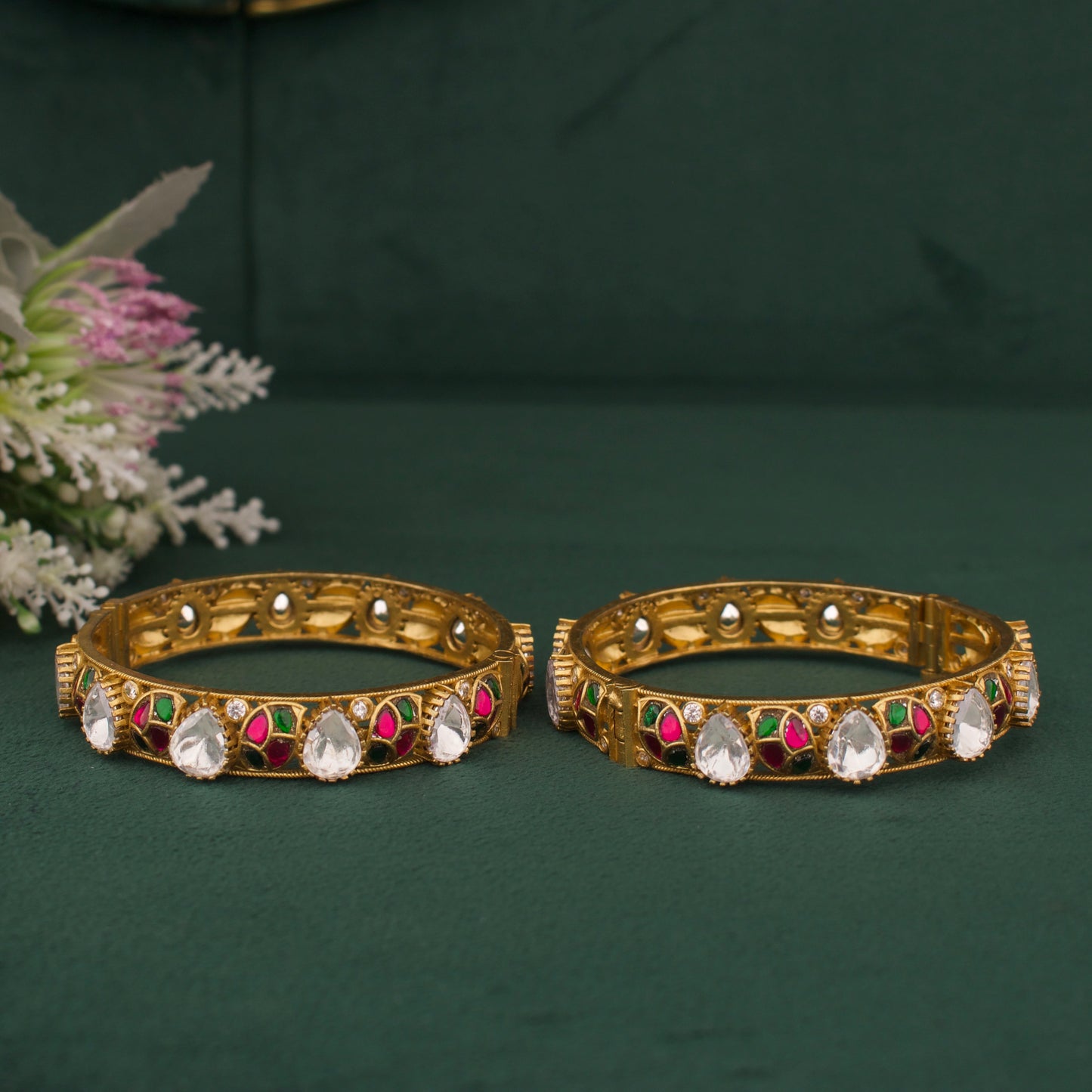 Elegant Victorian Polki Bangles With Ruby And Emerald Leaf Design in Antique Gold Finish