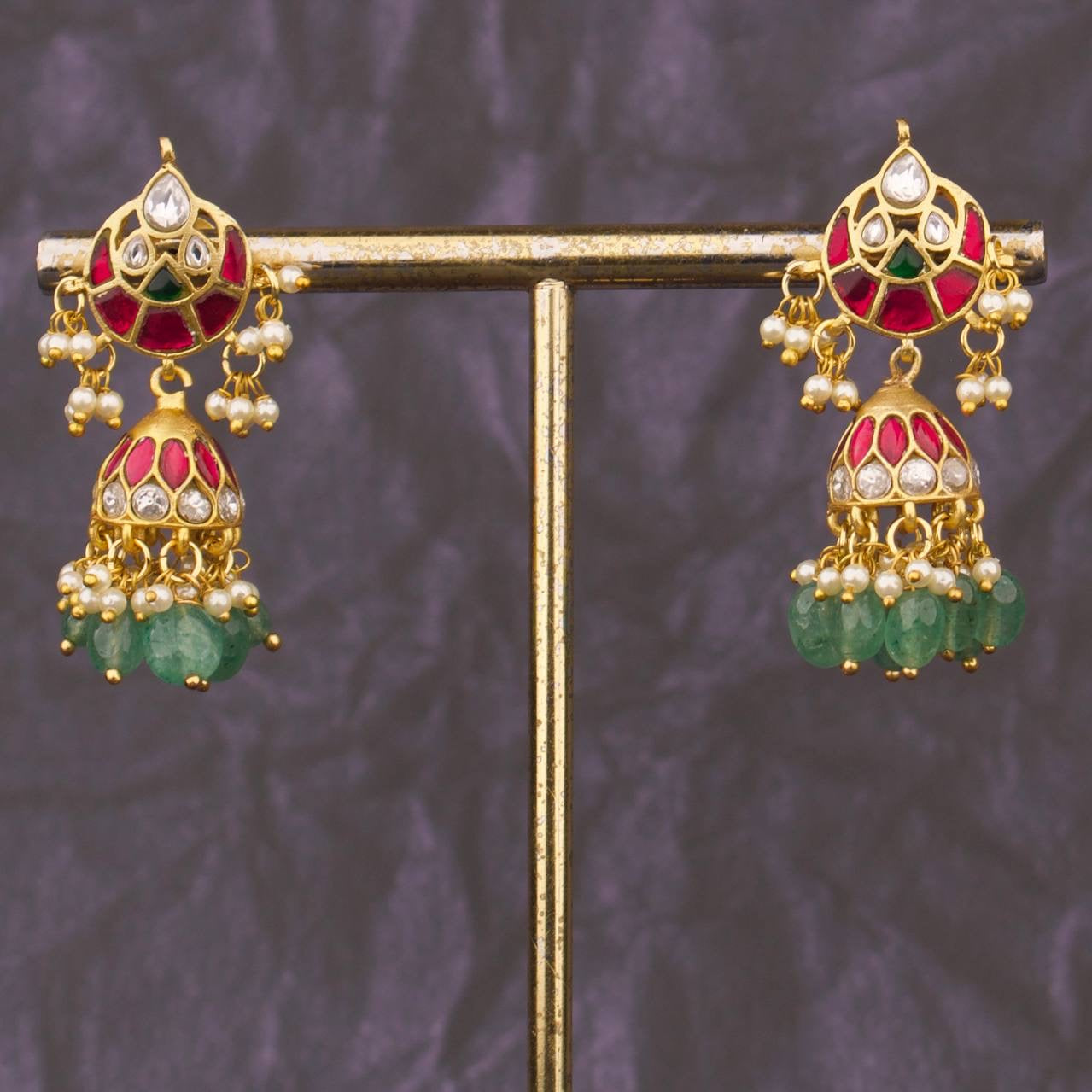 Elegant Jadau Kundan Chand Design Jhumki Earrings With Green Beads