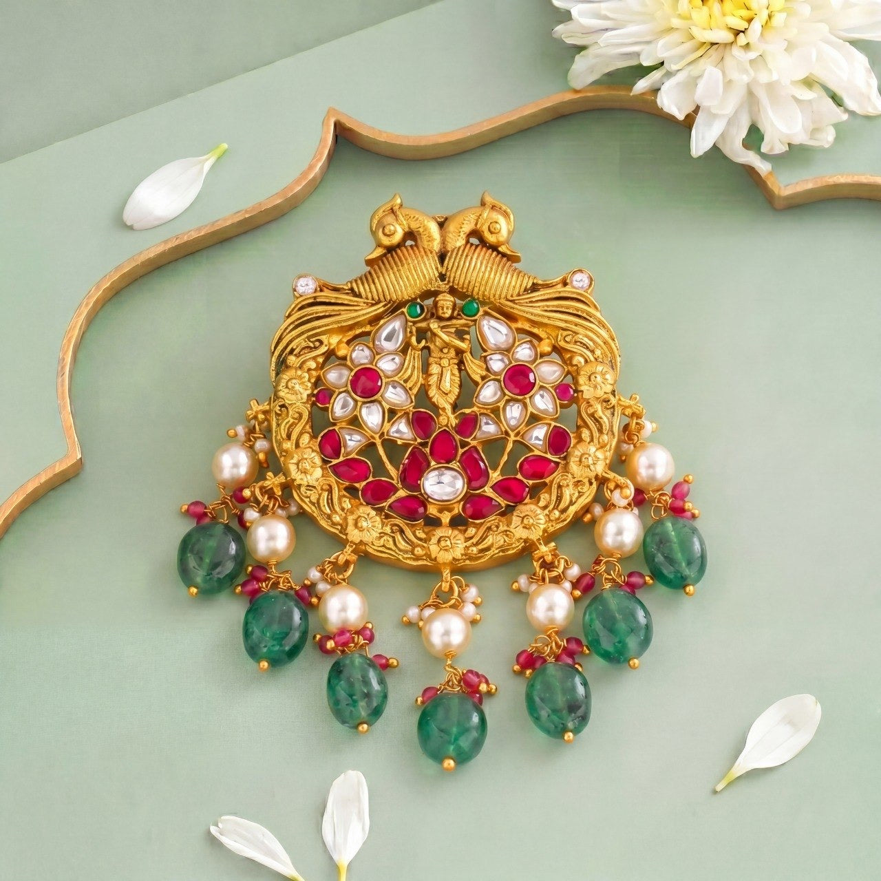 Temple Style Jadau Kundan Locket With Strawberry Beads
