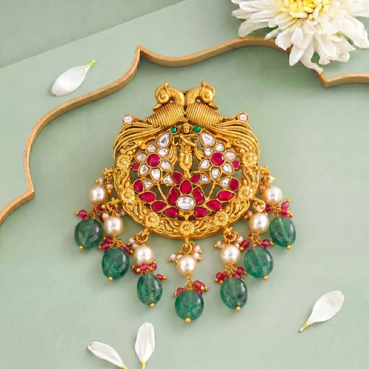 Temple Style Jadau Kundan Locket With Strawberry Beads