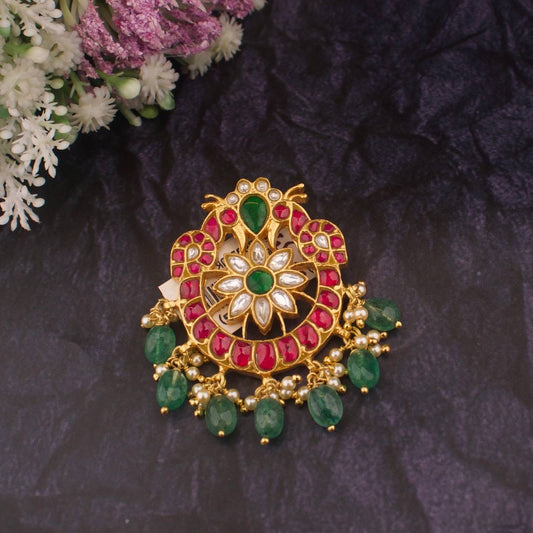 Floral Peaock Design Jadau Kundan Pendant In Pure 925 Silver & Gold Plating