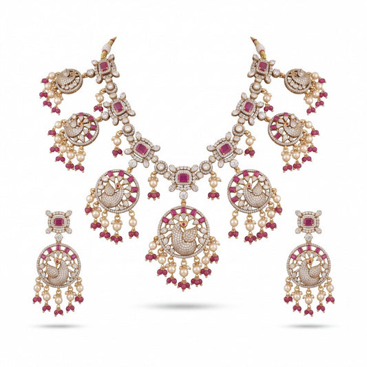 Premium Heritage Peacock Design Fusion Kundan & Polki victorian Necklace Set adorned with ruby