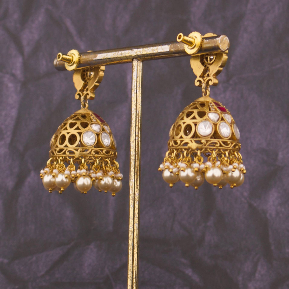 Refined Fusion Polki x Jadau Kundan Jhumki Earrings Craftsmanship & Detail View - Dulhan Jewels