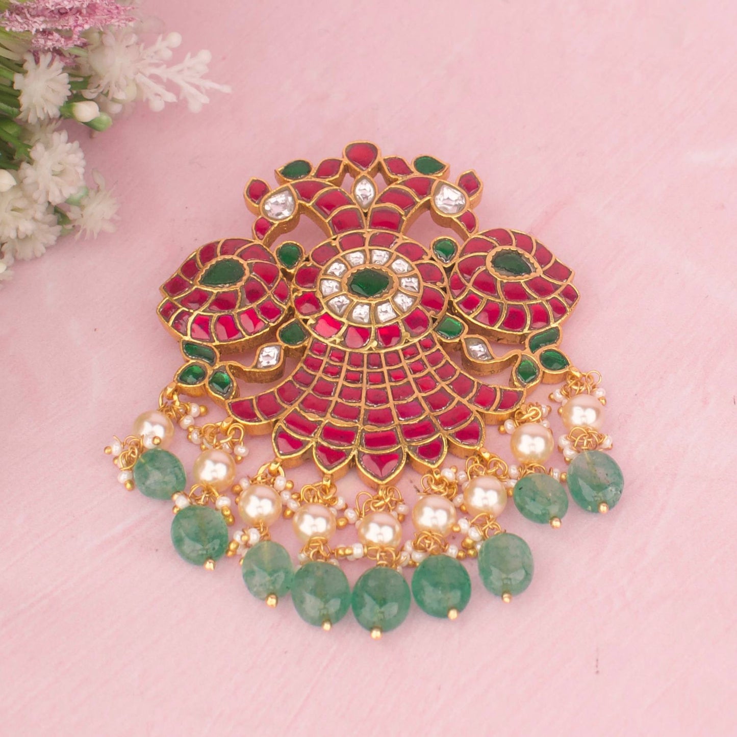 Traditional Jadau Kundan Locket With Emerald Beads