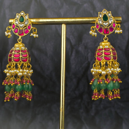 Floral Studded Guttapusalu Hanging Jhumki Earrings - DULHAN JEWELS