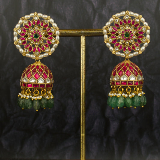 Bridal Floral Design Studded Jadau Kundan Jhumki Earrings
