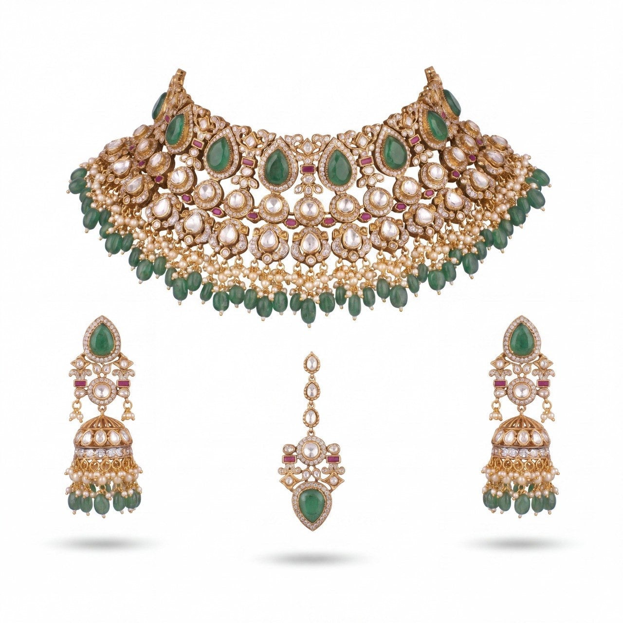 Moissanite Victorian Choker Set with maang tikka & earrings